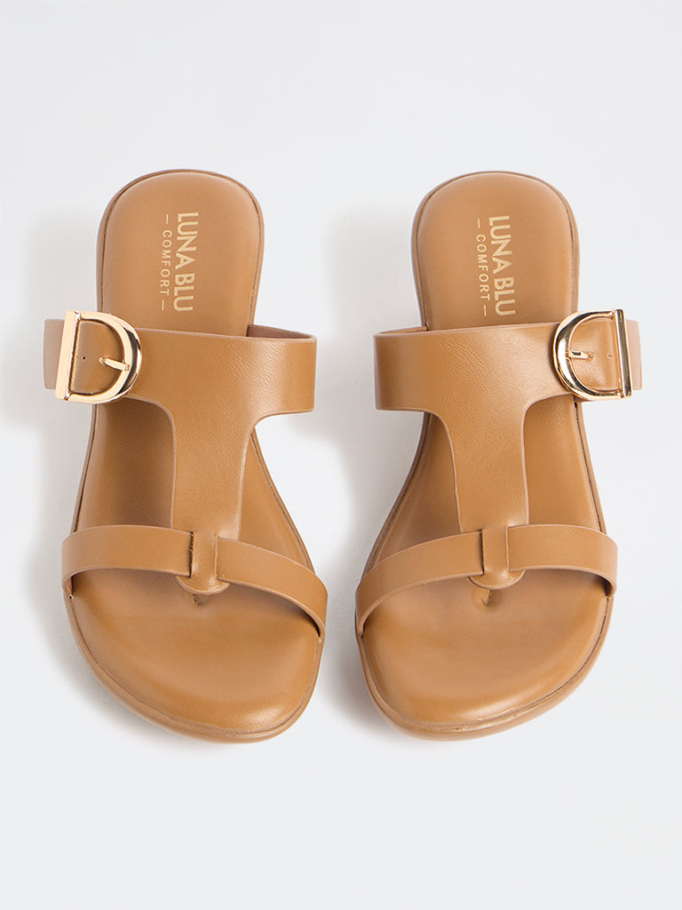 LUNA BLU Tan Buckle-Detail Wedge-Heel Sandals