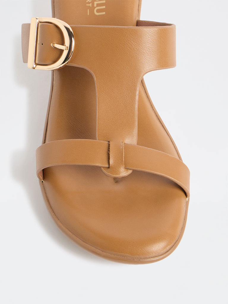 LUNA BLU Tan Buckle-Detail Wedge-Heel Sandals