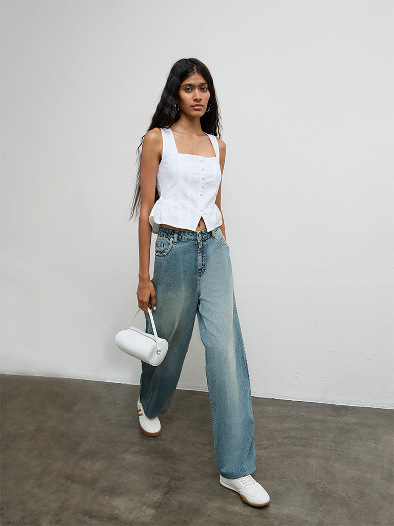 Nuon White Solid Pintuck Cotton-Blend Top