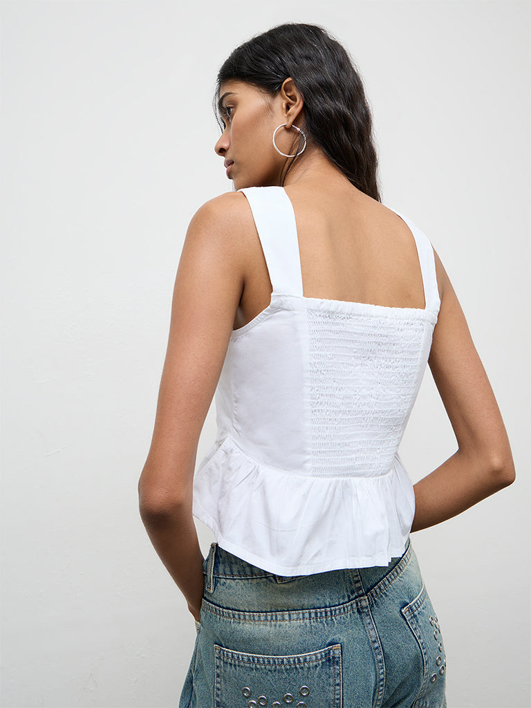 Nuon White Solid Pintuck Cotton-Blend Top