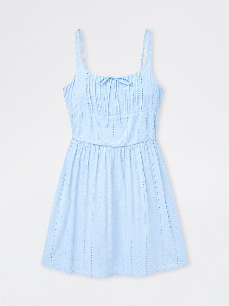 Nuon Light Blue Embroidered A-Line Mini Dress