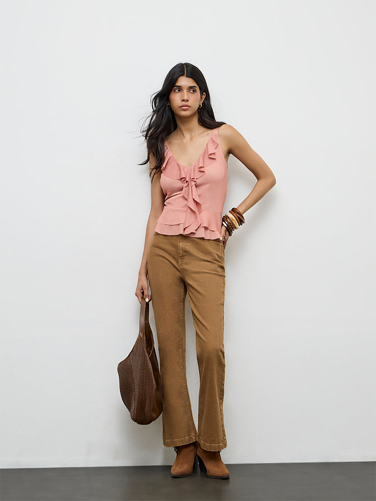 LOV Dusty Peach Ruffle-Detail Top