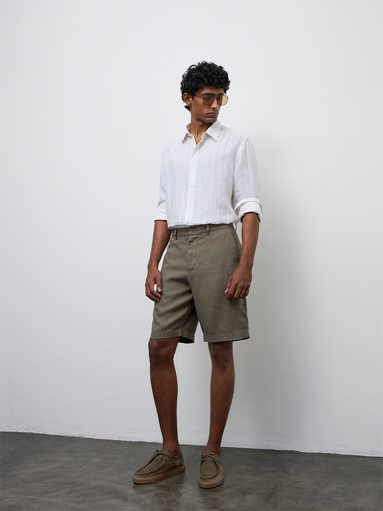 Ascot Olive Solid Relaxed-Fit Mid-Rise Linen Shorts