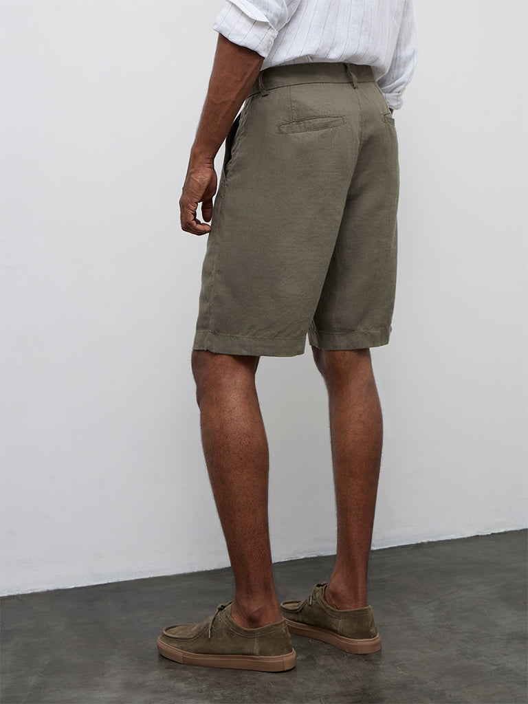 Ascot Olive Solid Relaxed-Fit Mid-Rise Linen Shorts