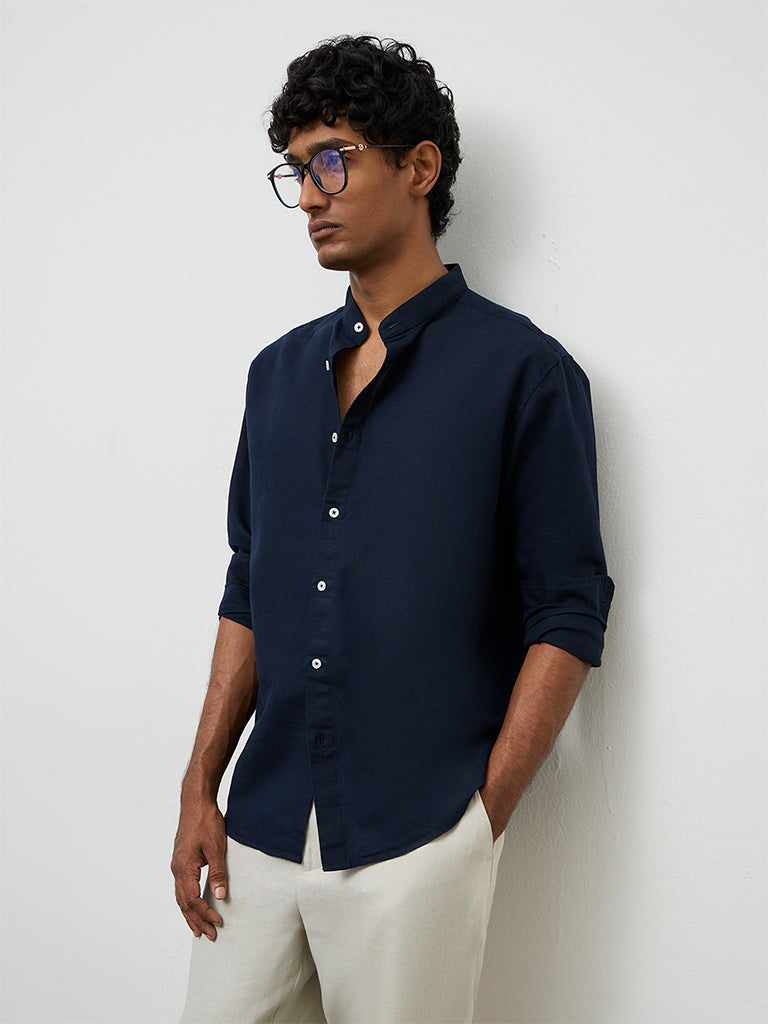 Ascot Navy Relaxed-Fit Linen-Blend Shirt