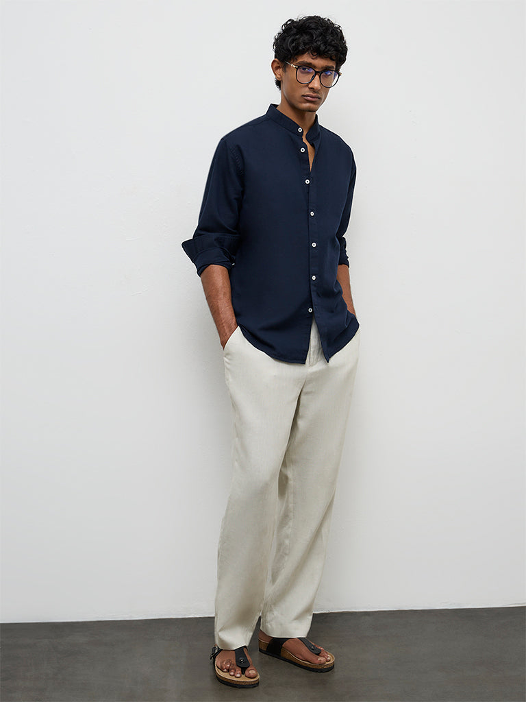 Ascot Navy Relaxed-Fit Linen-Blend Shirt