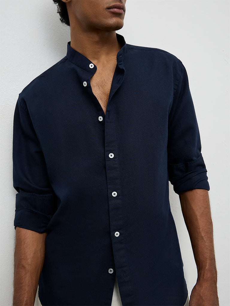 Ascot Navy Relaxed-Fit Linen-Blend Shirt