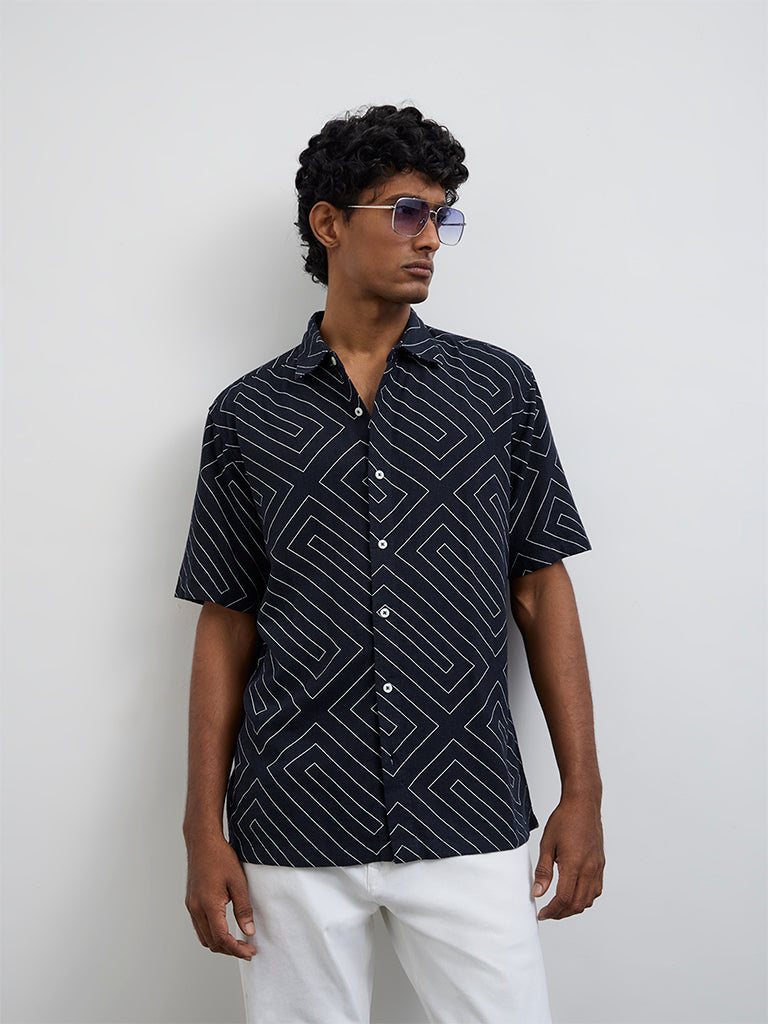 Ascot Navy Geometric Printed Relaxed-Fit Shirt