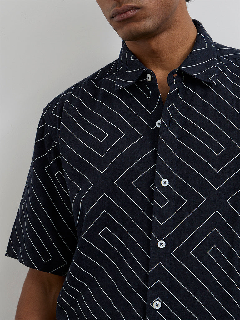 Ascot Navy Geometric Printed Relaxed-Fit Shirt