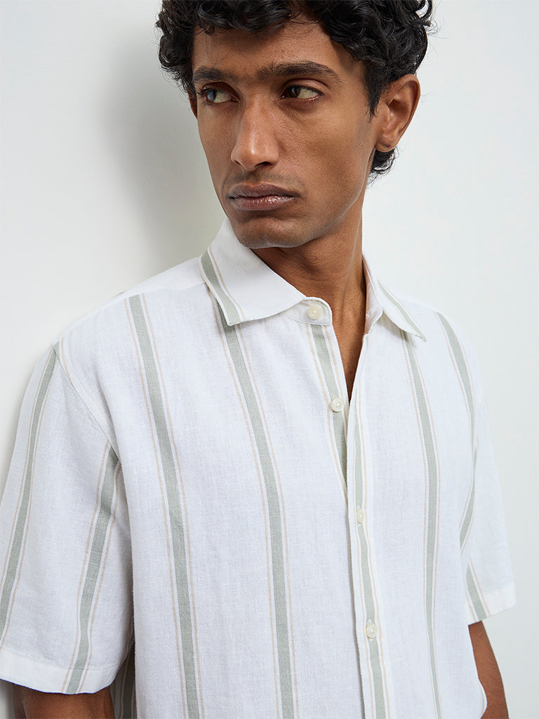 Ascot Off-White Striped Relaxed-Fit Linen-Blend Shirt