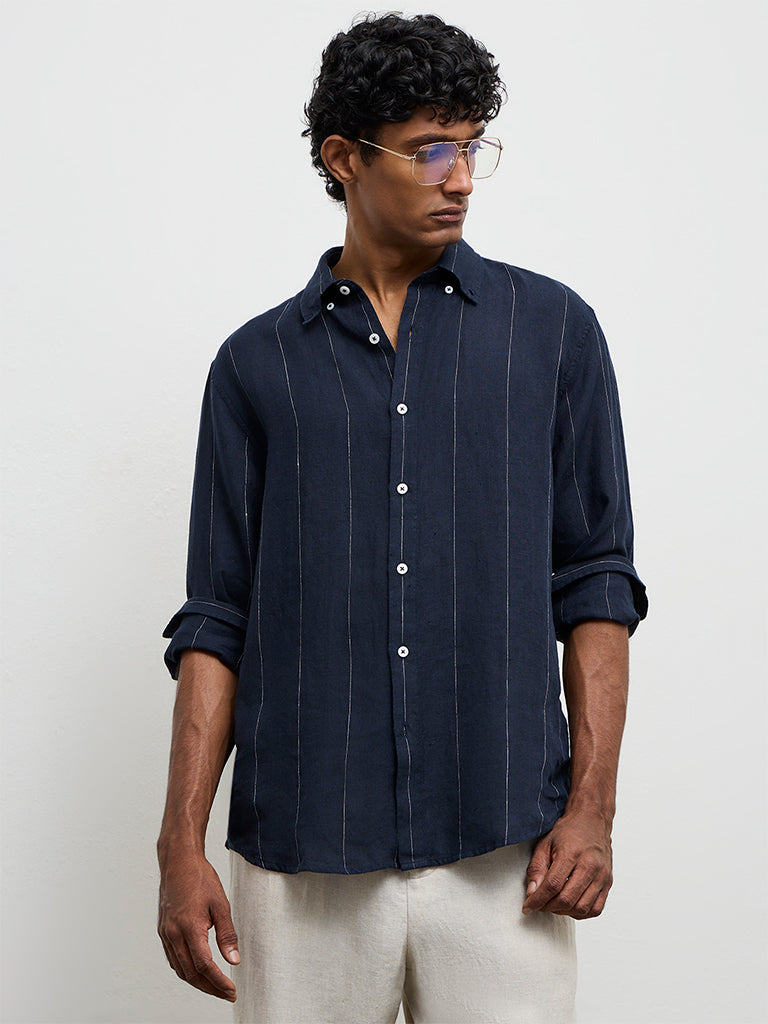 Ascot Navy Striped Relaxed-Fit Linen Shirt