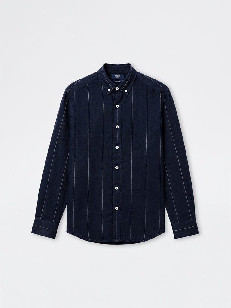 Ascot Navy Striped Relaxed-Fit Linen Shirt