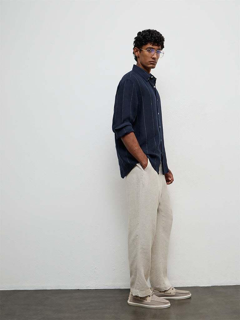 Ascot Navy Striped Relaxed-Fit Linen Shirt