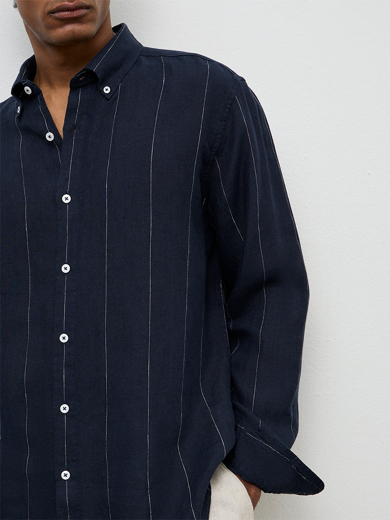 Ascot Navy Striped Relaxed-Fit Linen Shirt