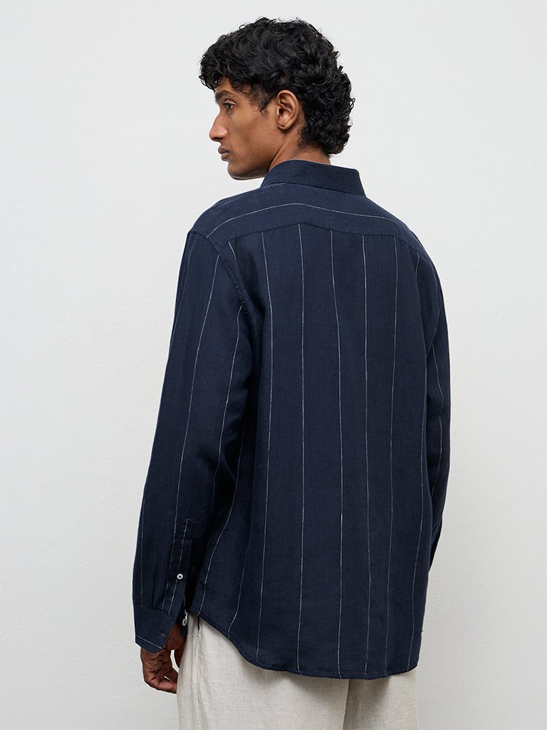 Ascot Navy Striped Relaxed-Fit Linen Shirt