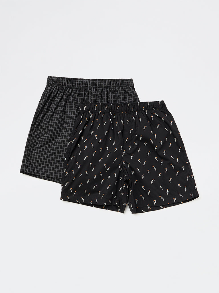 WES Lounge Black Printed Relaxed-Fit Cotton Boxers - Pack of 2