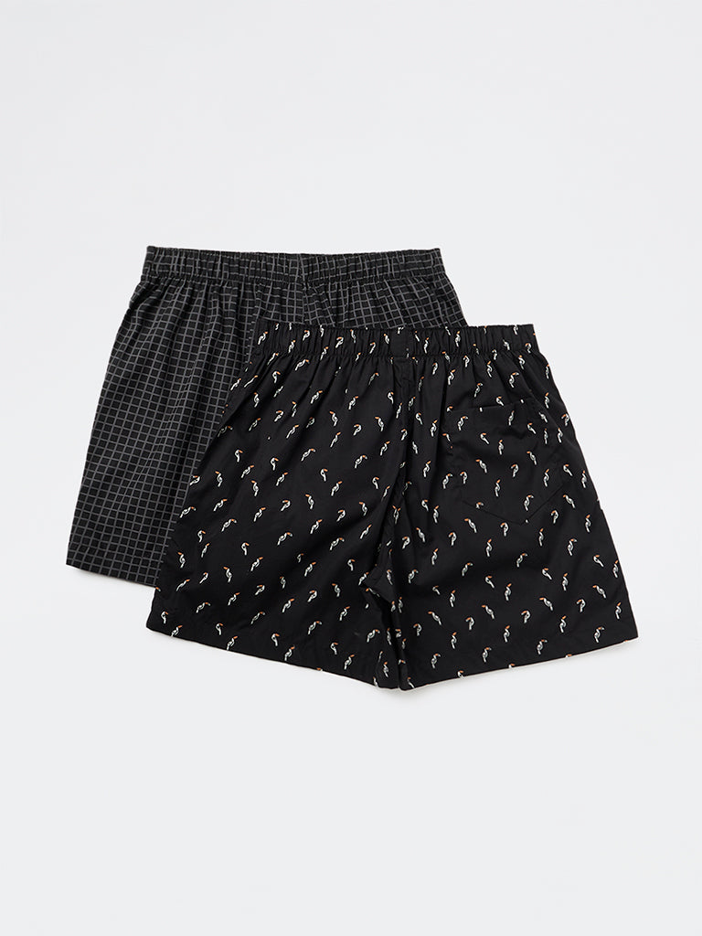 WES Lounge Black Printed Relaxed-Fit Cotton Boxers - Pack of 2