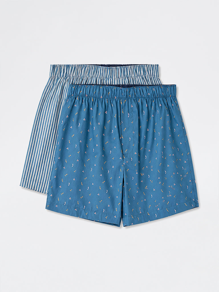 WES Lounge Blue Printed Relaxed Fit Mid-Rise Cotton Shorts - Pack of 3