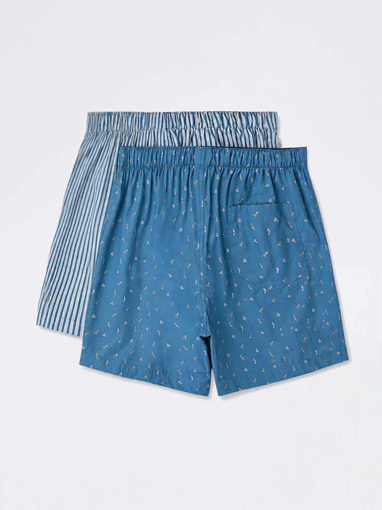 WES Lounge Blue Printed Relaxed Fit Mid-Rise Cotton Shorts - Pack of 3