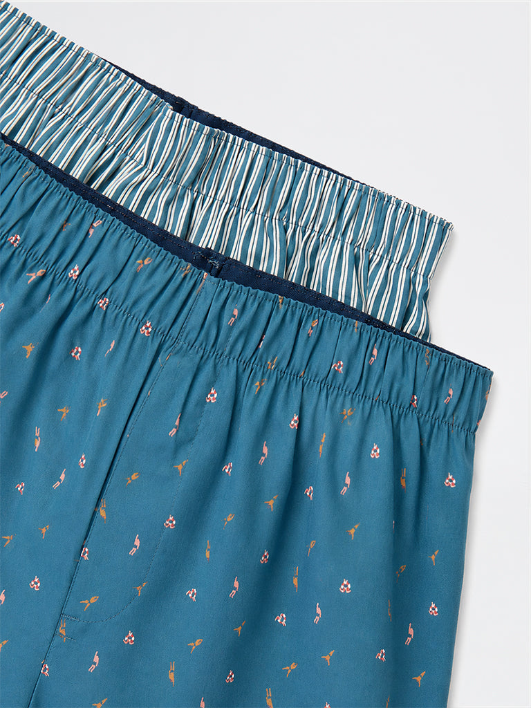 WES Lounge Blue Printed Relaxed Fit Mid-Rise Cotton Shorts - Pack of 3