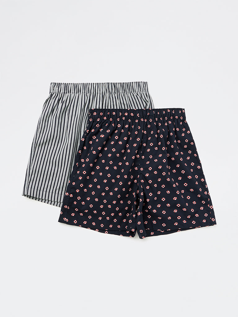 WES Lounge Navy Printed Relaxed-Fit Cotton Boxers - Pack of 2