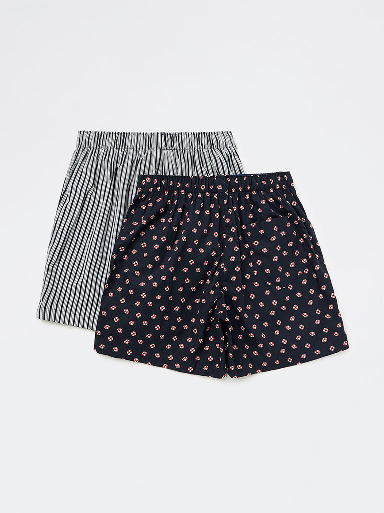 WES Lounge Navy Printed Relaxed-Fit Cotton Boxers - Pack of 2