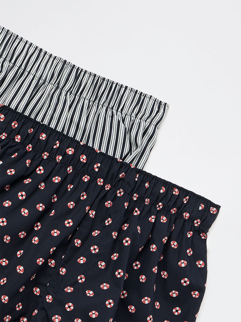WES Lounge Navy Printed Relaxed-Fit Cotton Boxers - Pack of 2