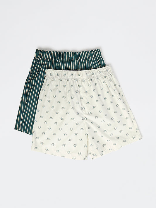 WES Lounge Teal Printed Cotton Boxers - Pack of 2