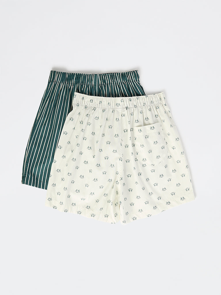 WES Lounge Teal Printed Cotton Boxers - Pack of 2