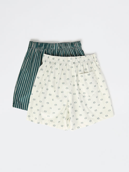 WES Lounge Teal Printed Cotton Boxers - Pack of 2