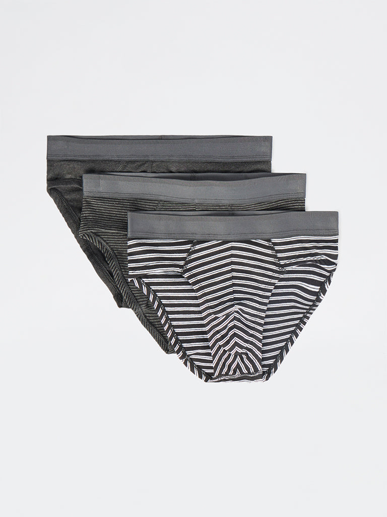 WES Lounge Black Striped Cotton-Blend Briefs - Pack of 3