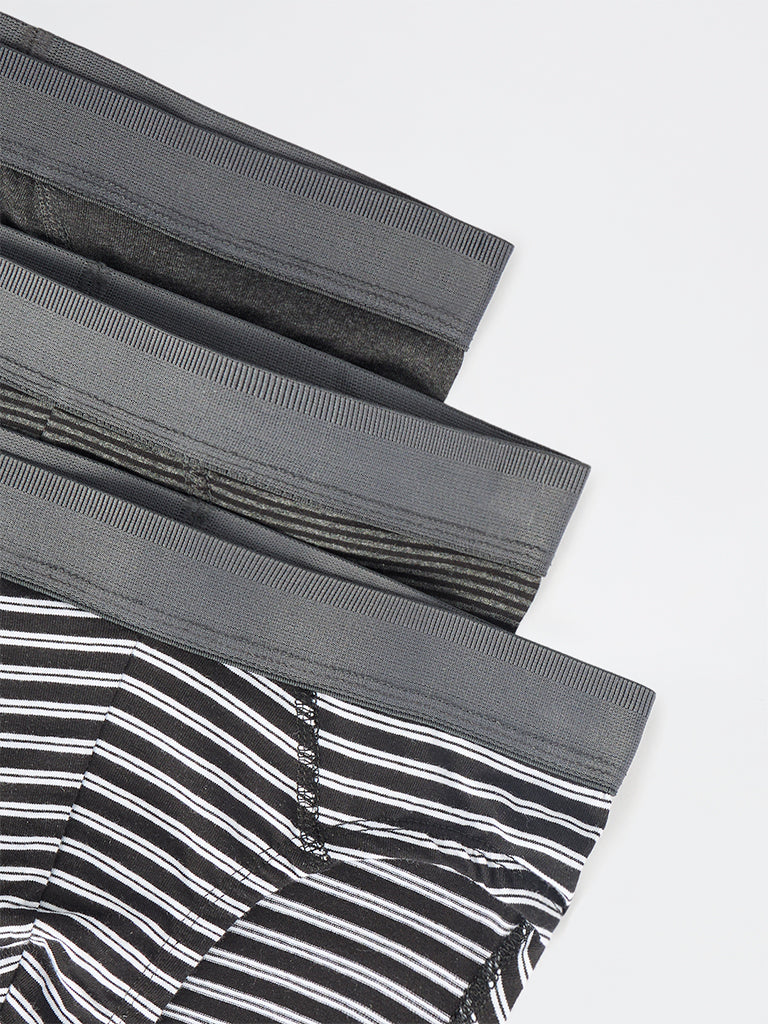 WES Lounge Black Striped Cotton-Blend Briefs - Pack of 3