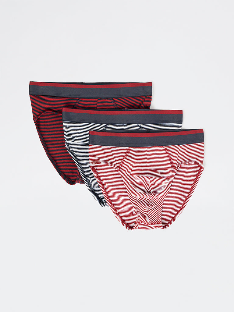 WES Lounge Red Striped Cotton Briefs - Pack of 3