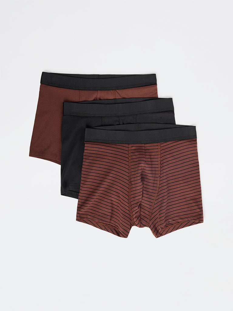 WES Lounge Brown Cotton Trunks - Pack of 3
