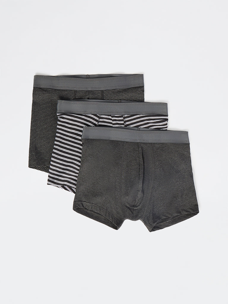 WES Lounge Black Striped Cotton Trunks - Pack of 3
