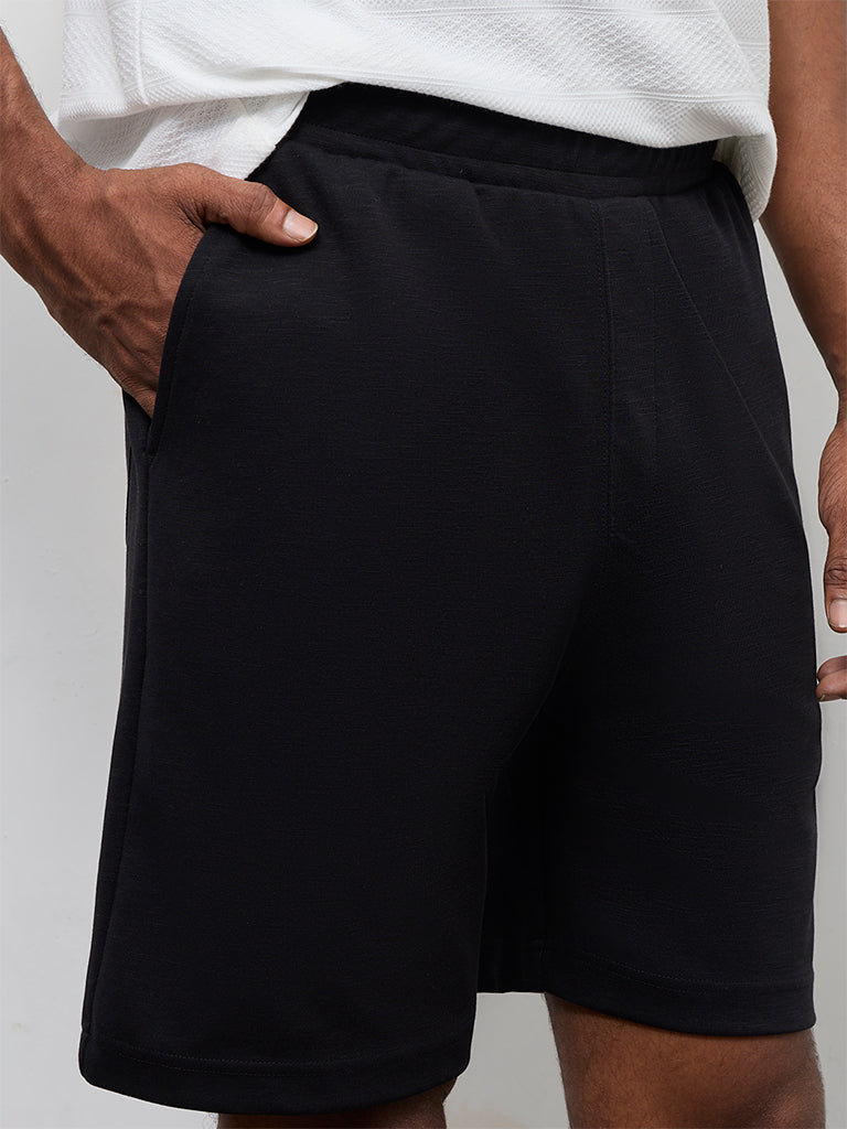 WES Lounge Black Relaxed-Fit Mid-Rise Cotton-Blend Shorts