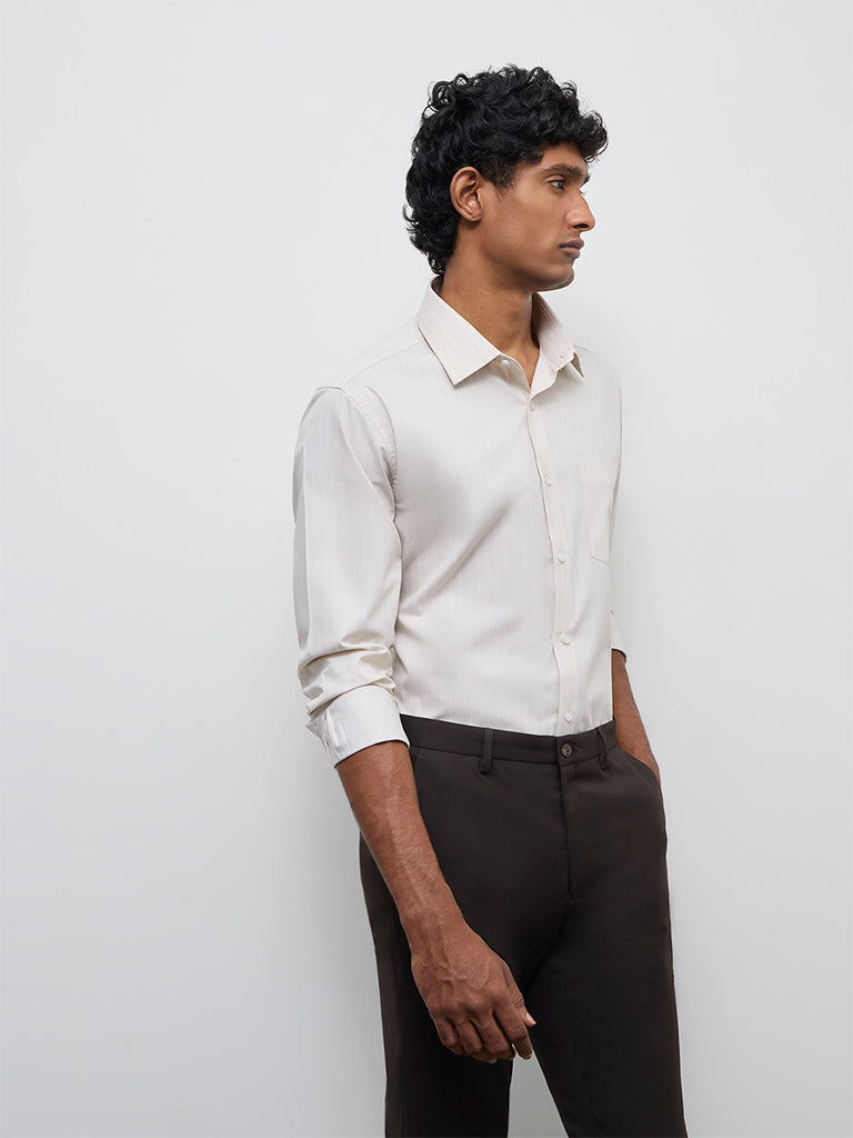 WES Formals Light Beige Striped Slim-Fit Cotton Shirt
