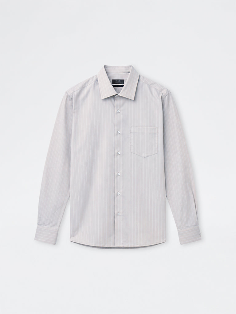 WES Formals Light Beige Striped Slim-Fit Cotton Shirt