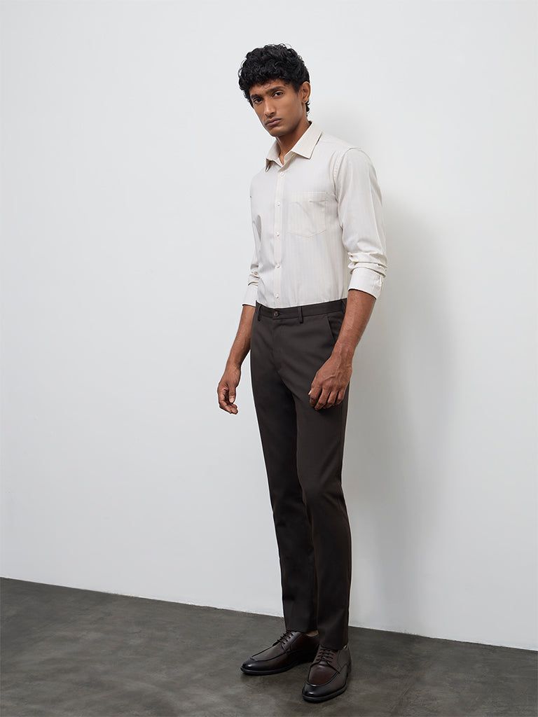 WES Formals Light Beige Striped Slim-Fit Cotton Shirt
