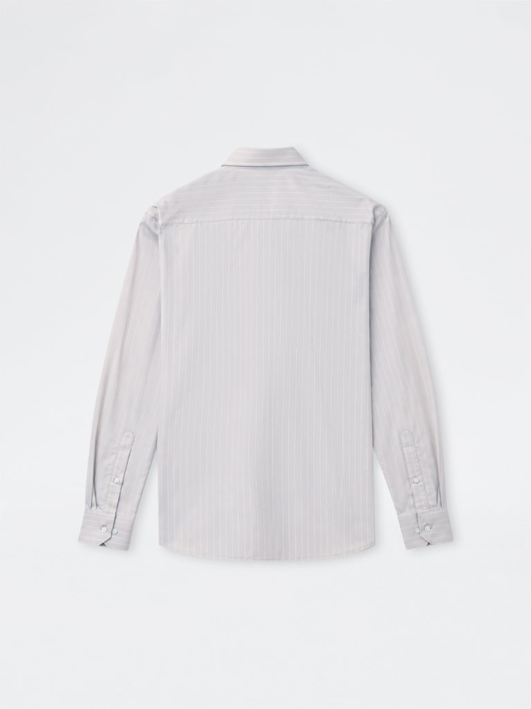 WES Formals Light Beige Striped Slim-Fit Cotton Shirt