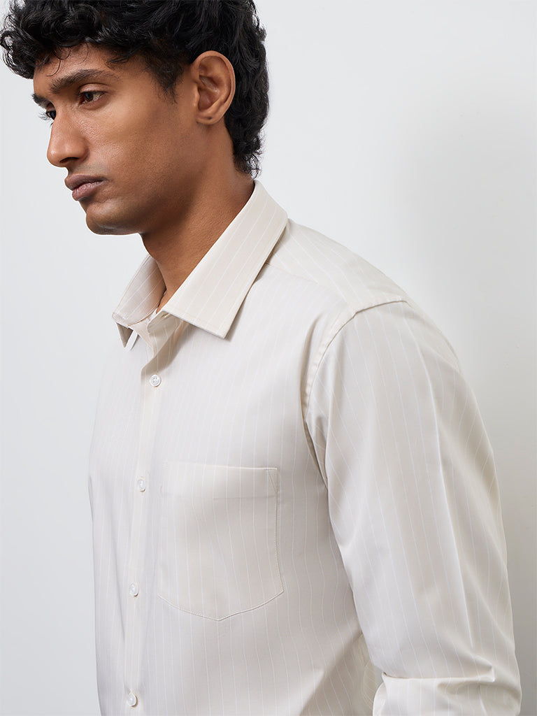 WES Formals Light Beige Striped Slim-Fit Cotton Shirt