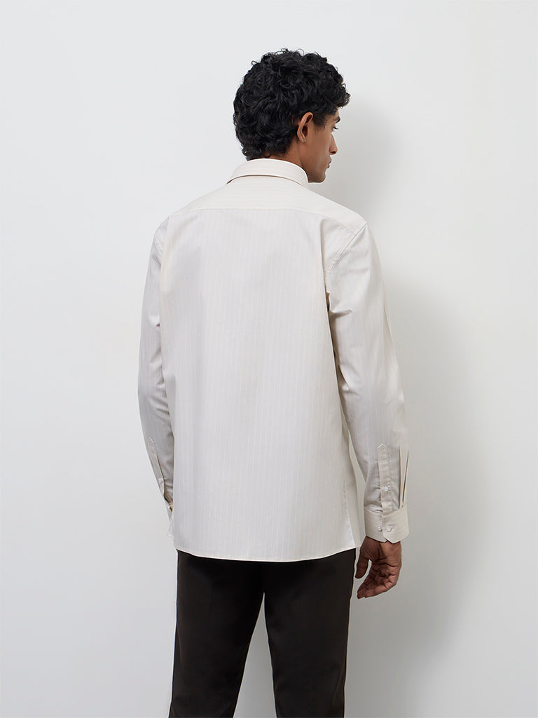 WES Formals Light Beige Striped Slim-Fit Cotton Shirt