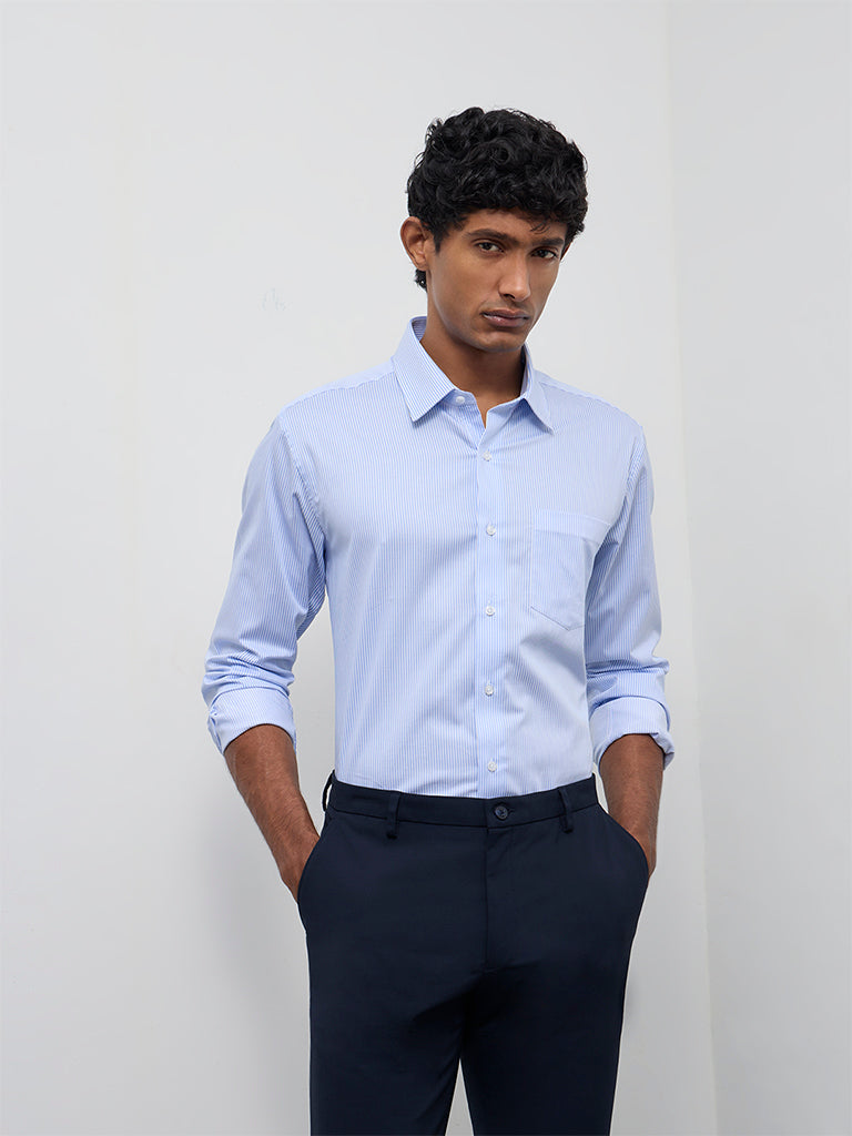 WES Formals Blue Striped Slim-Fit Cotton Shirt