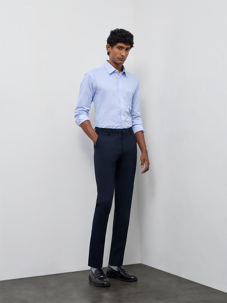 WES Formals Blue Striped Slim-Fit Cotton Shirt