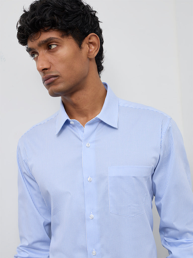 WES Formals Blue Striped Slim-Fit Cotton Shirt