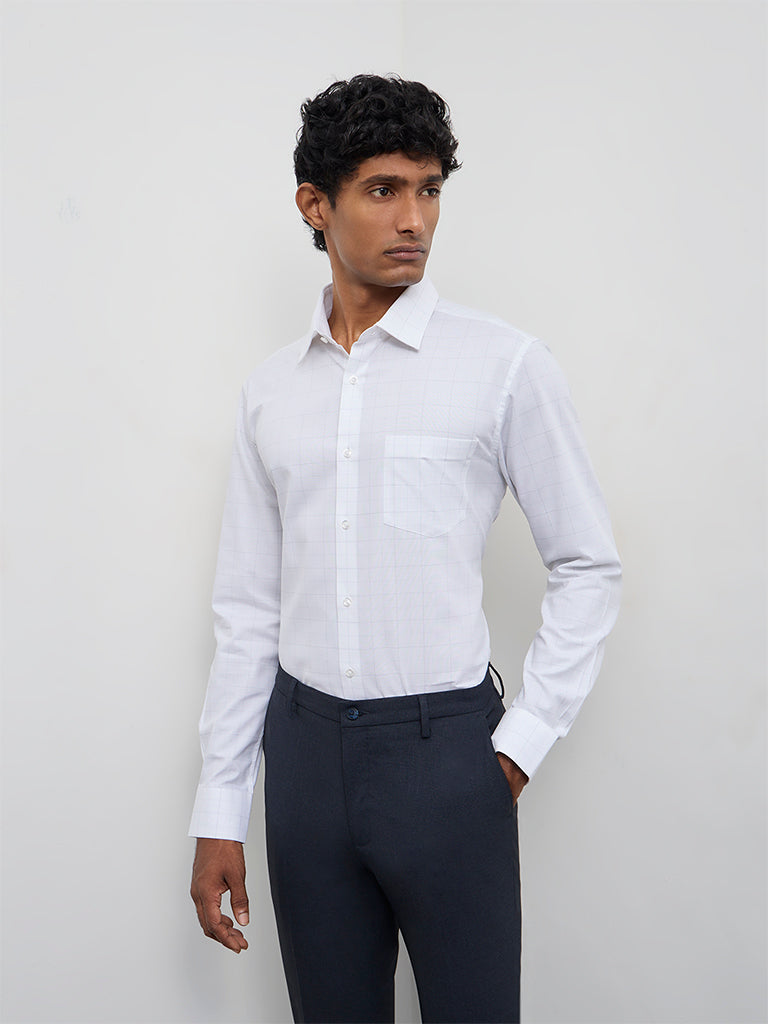 WES Formals Off-White Checkered Slim-Fit Cotton Shirt