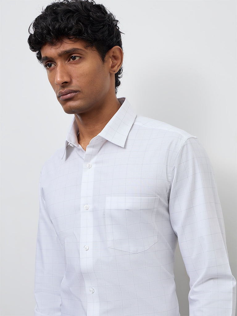 WES Formals Off-White Checkered Slim-Fit Cotton Shirt