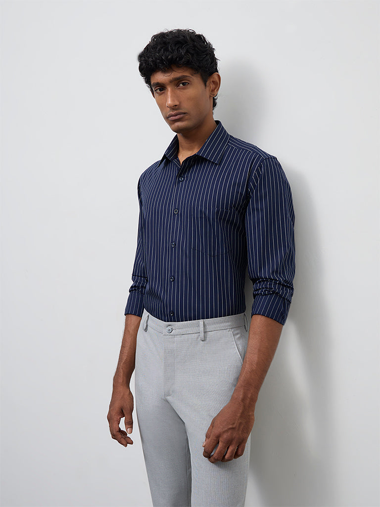 WES Formals Navy Striped Slim-Fit Cotton Shirt
