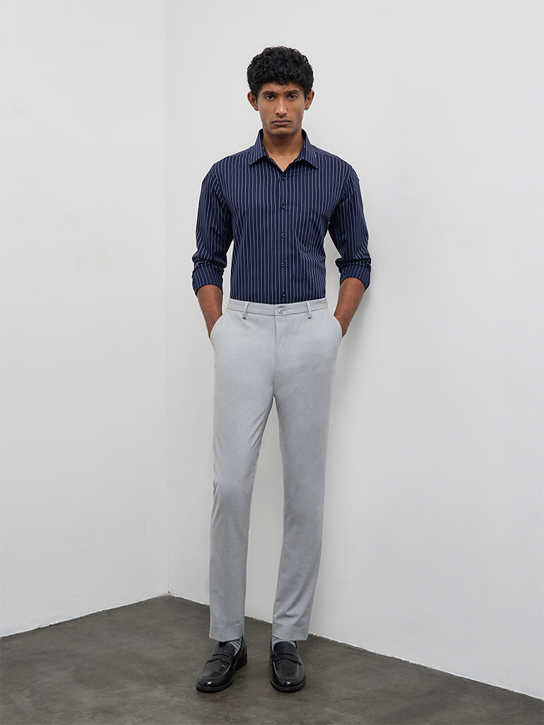 WES Formals Navy Striped Slim-Fit Cotton Shirt