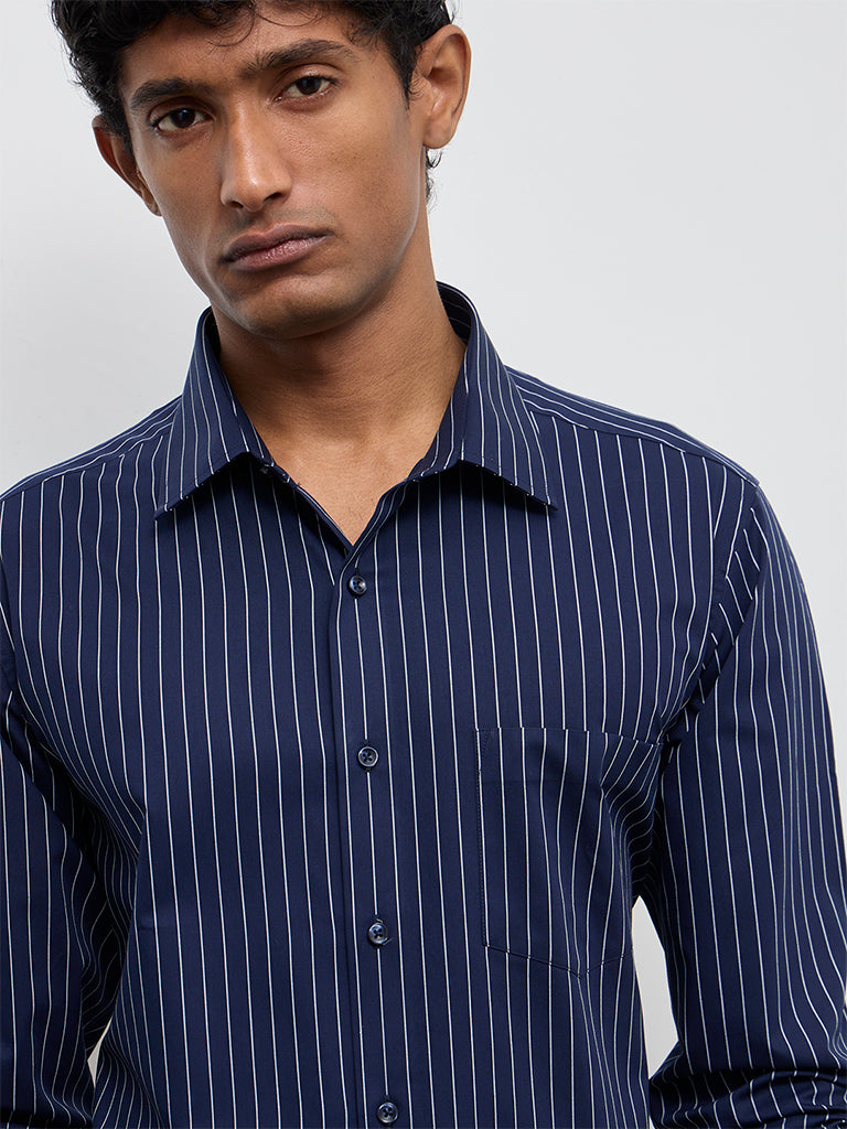 WES Formals Navy Striped Slim-Fit Cotton Shirt